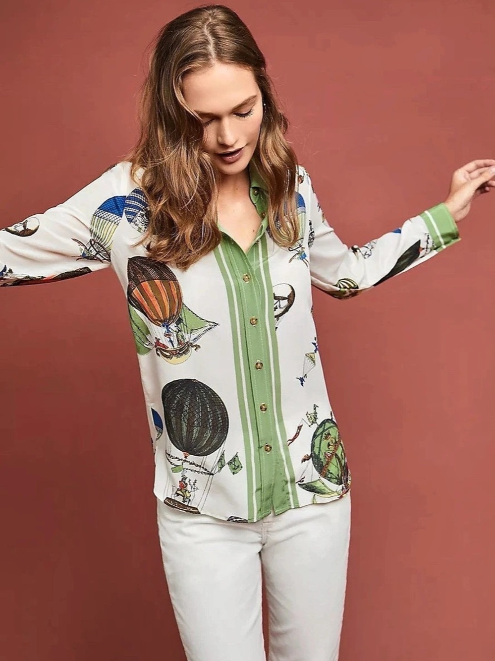 Maeve by Anthropologie Retro-Printed Silk Buttondown